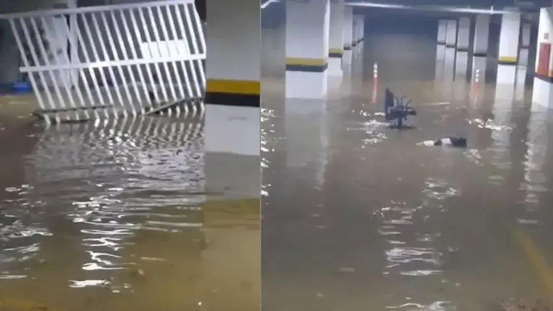 Alagamento em Salvador: garagem da Assembleia Legislativa submersa durante temporal