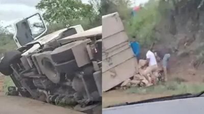 Carreta tomba na BR-116 e gera saque de fogos de artifício